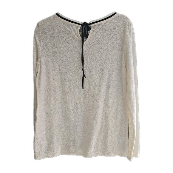 LOFT Ivory Floral Jacquard Crew Neck Tie Back Long Sleeve Top Womans Size Large - Picture 2 of 4
